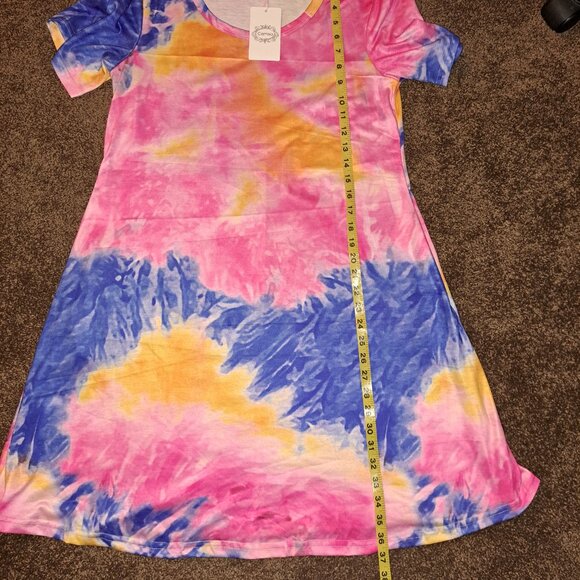 NWT Oversized Gradient Print Short Sleeve Rainbow Tie Dye Loose Casual Mini Dres - Picture 2 of 10